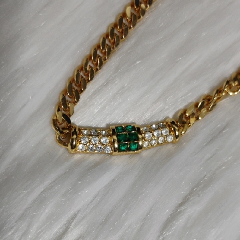 SALE! Authentic Dior Vtg Gold Tone Necklace WGreen Rhinestones & Crystals - Picture 2 of 13